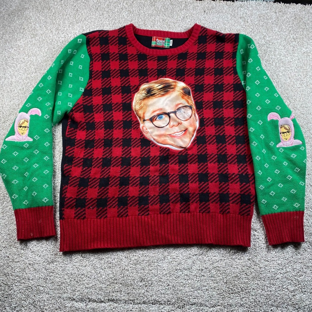 Spencers A Christmas Story Ralphie Ugly Christmas Sweater Red Plaid Mens Large